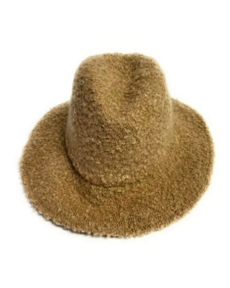 Front of a model wearing a size one-size-fits-all Boucle Wool Fedora Hat In Camel in Camel by Shihreen. | dia_product_style_image_id:350201